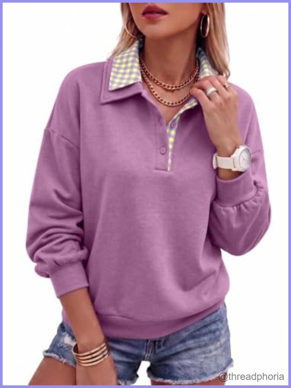 Plaid Pullover Sweatshirt Loose Fit Collared Button Casual Top